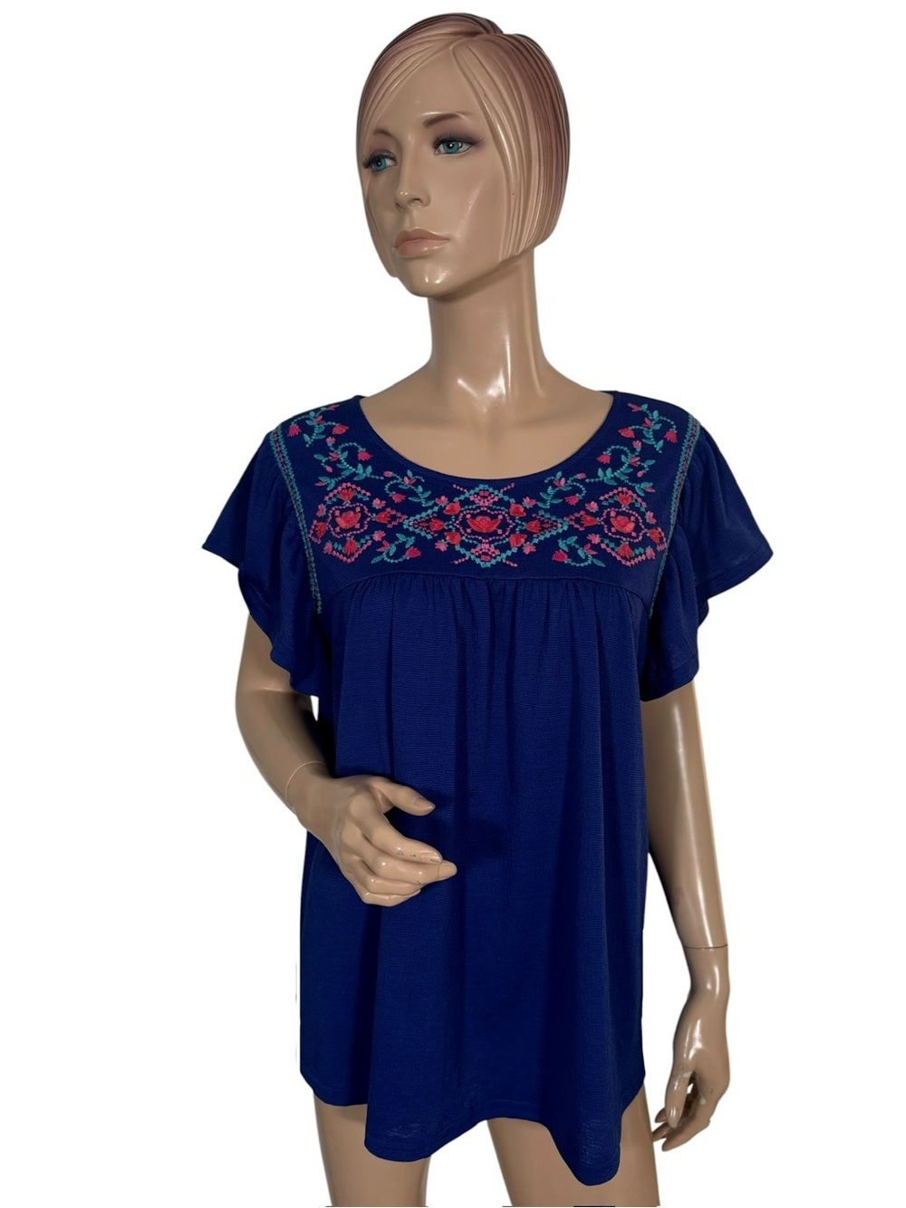 Perch by Blu Pepper Embroidered Peasant Top Blue Plus Size 2XL